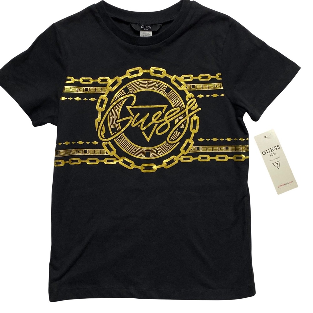 Guess Kids Boys Black Gold Foil Chain Logo Graphic T-Shirt Size L‎ 16-18 NWT